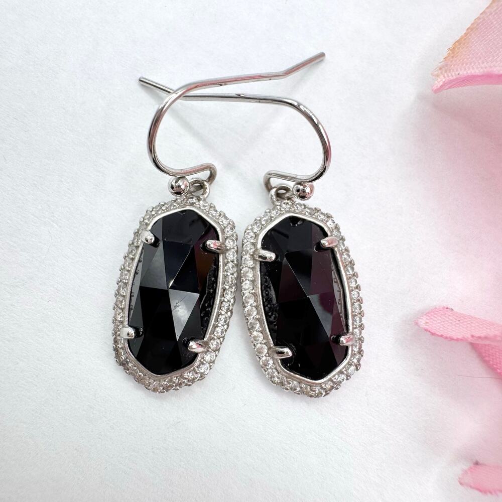 Kendra Scott Lee Silver Tone Drop Earrings in Black Opaque Glass Rhodium Plated